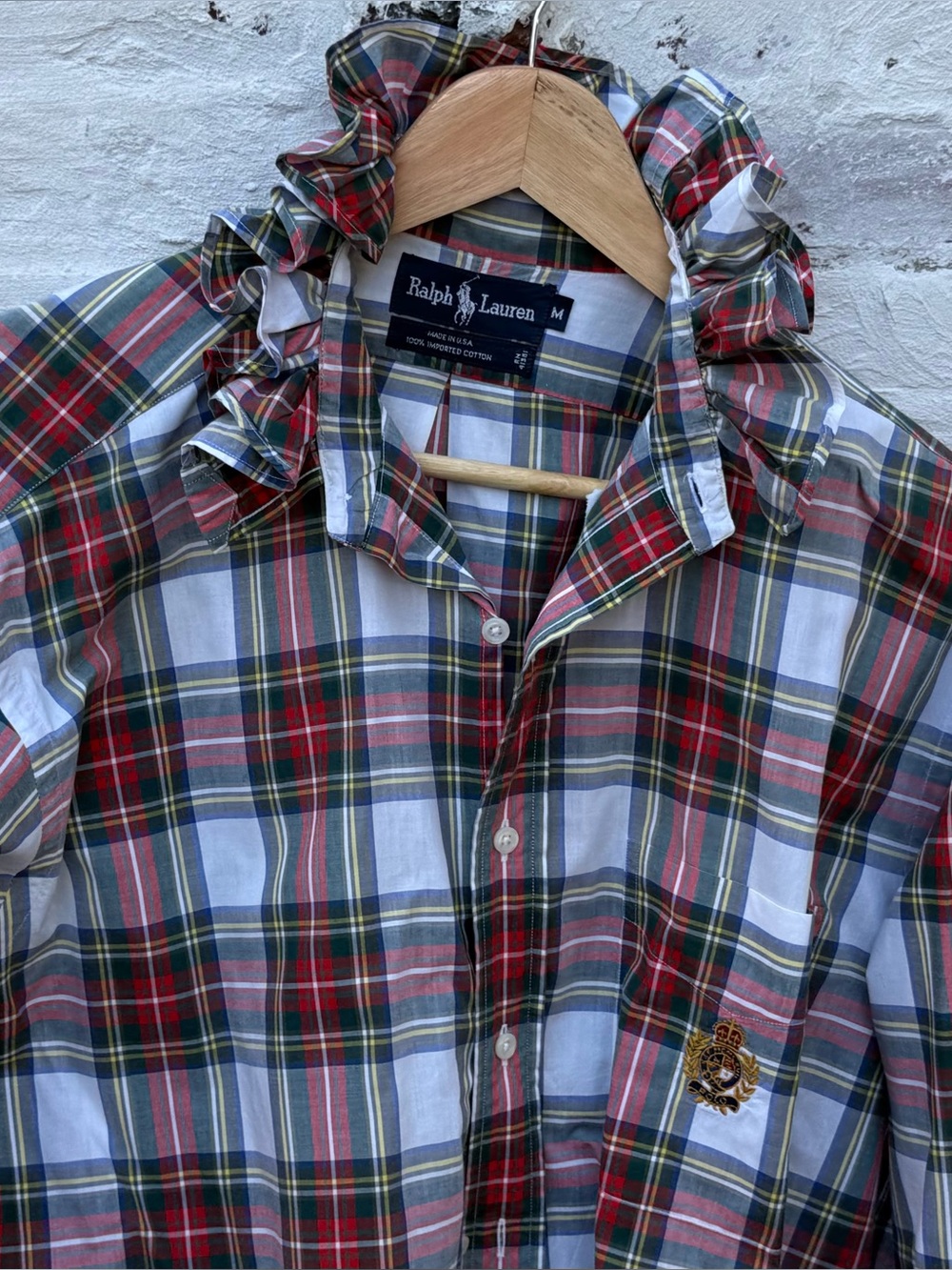 Ralph Lauren Red, Green & White Plaid Ruffle Collar Button-Down Shirt